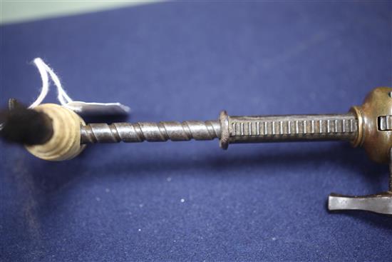 A Lunds Patent double helix ratchet corkscrew, 19th century, 18cm, closed